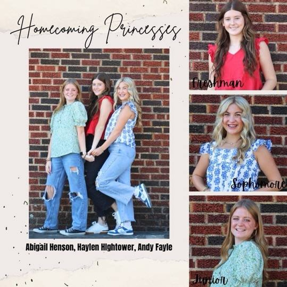 Graphic with three girls posing in front of a brick wall with three individual photos of them to the right.