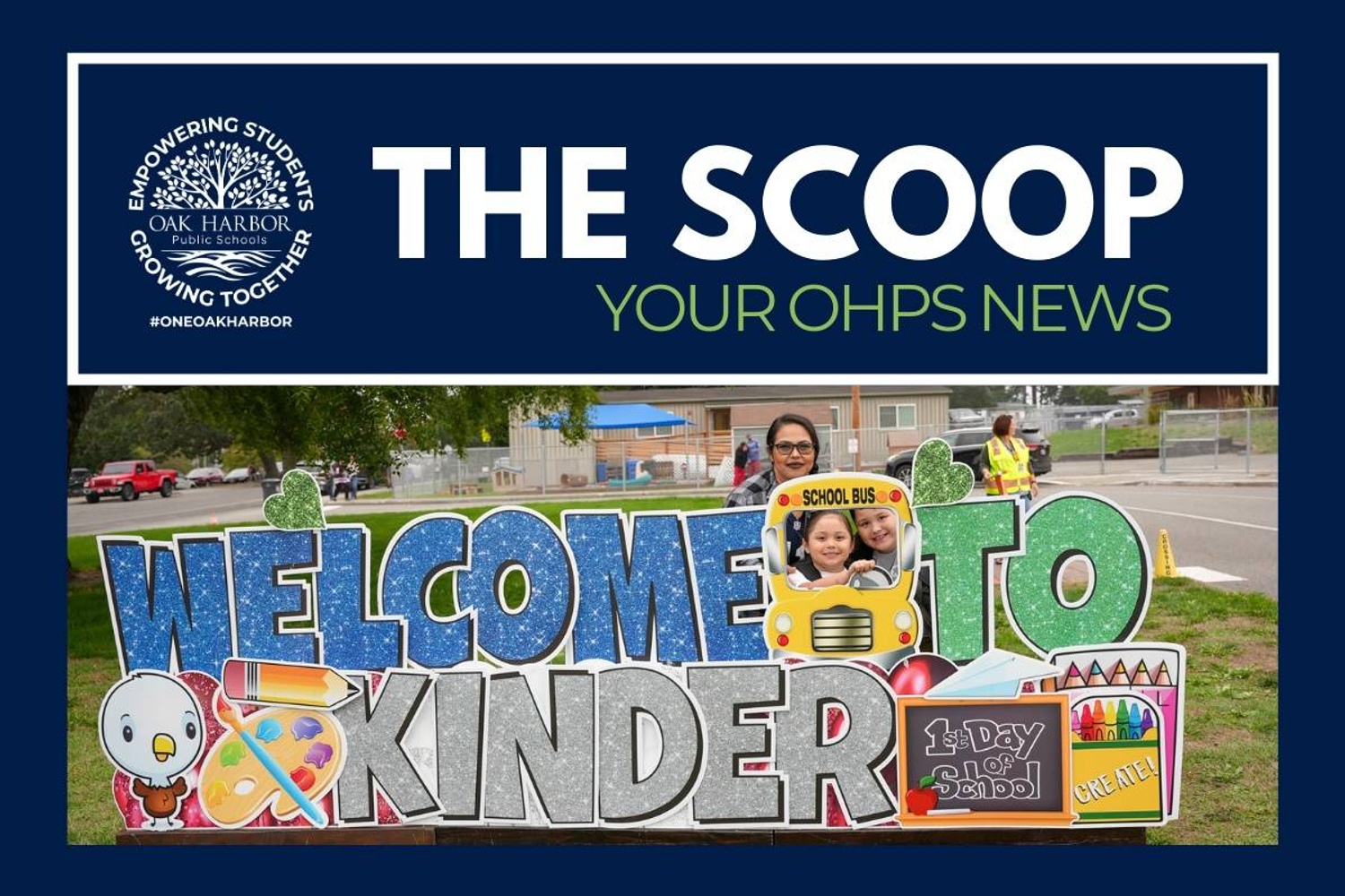 the scoop newsletter image of a mom and two children posing with welcome kinder sign