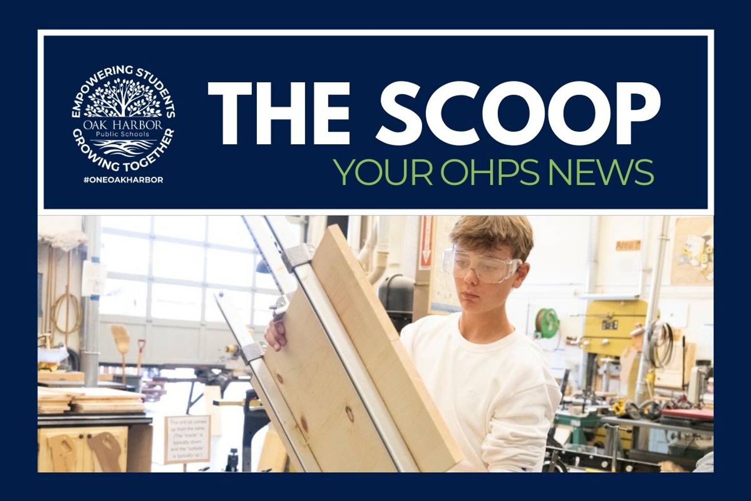 the scoop newsletter image of high school student in wood tech class