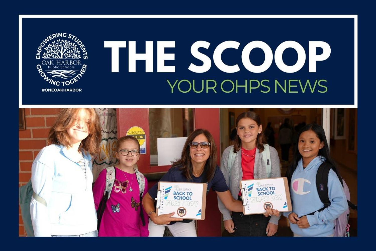 the scoop newsletter image of intermediate school students with superintendent on first day of school