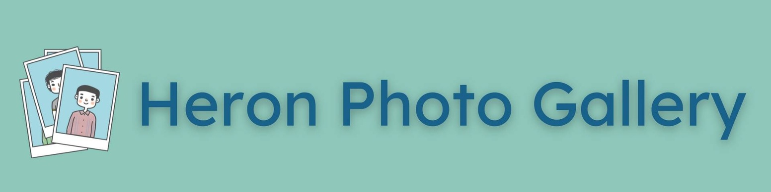 A banner for a photo gallery called "Heron Photo Gallery." The banner features a stack of photo prints with a person's face visible.