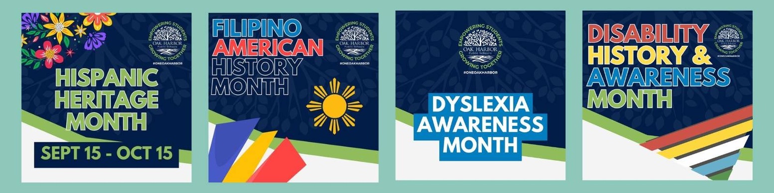 A collection of four square images promoting different awareness months:  Hispanic Heritage Month: A colorful image with flowers and the text "Hispanic Heritage Month, Sept 15 - Oct 15." Filipino American History Month: A blue image with a sun, the Philippine flag, and the text "Filipino American History Month." Dyslexia Awareness Month: A blue image with a ribbon and the text "Dyslexia Awareness Month." Disability History & Awareness Month: A blue image with a rainbow flag and the text "Disability History & Awareness Month."