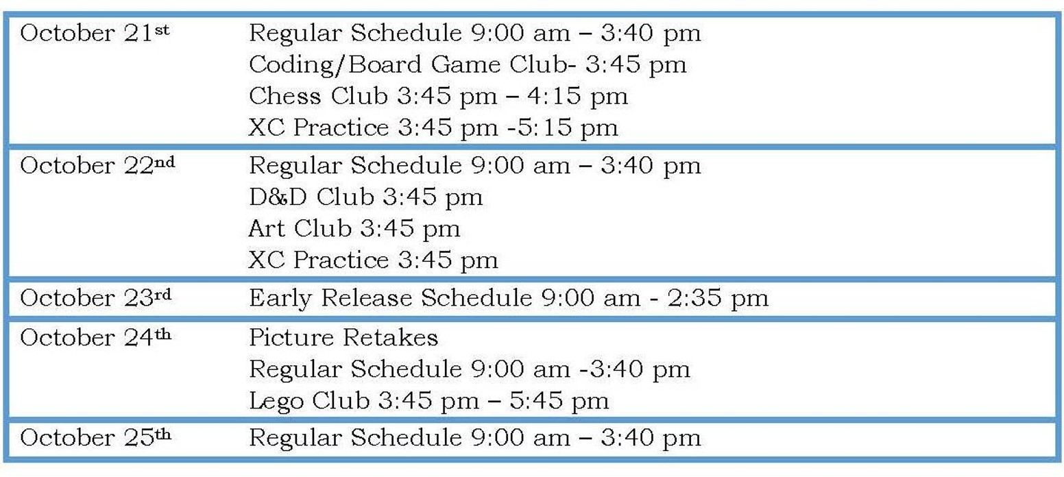 October 21-25  Calendar 