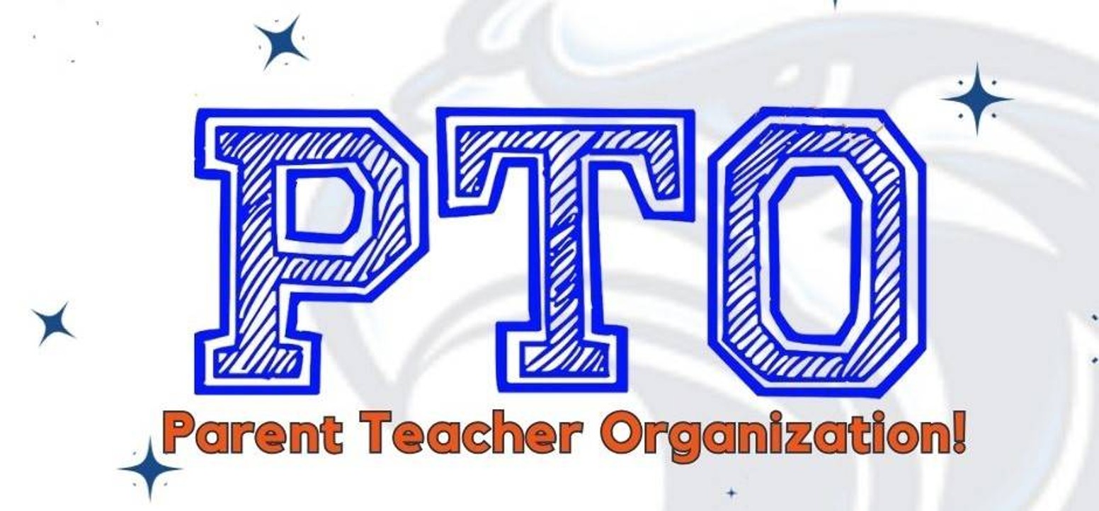 PTO in blue letters with orange words, blue stars and hawk head