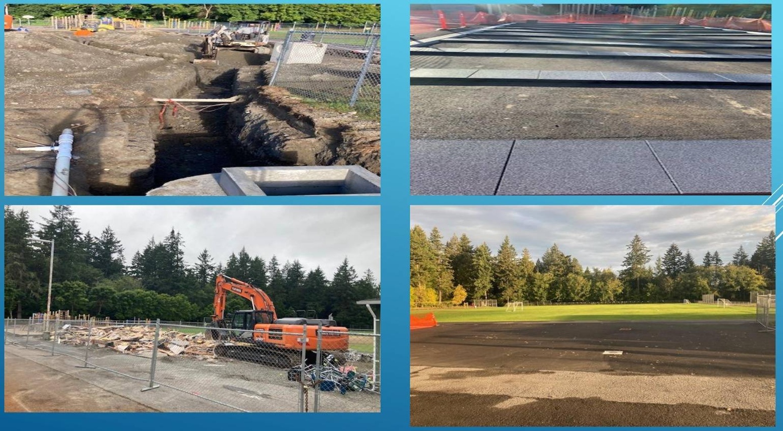 Four construction-related images displayed in a grid format. The top-left image shows a construction site with a trench dug into the ground, revealing pipes and other infrastructure work in progress. A construction vehicle is visible in the background. The top-right image shows a close-up of newly laid rubber tiles, part of an outdoor surface installation, possibly for a playground. The bottom-left image shows a construction site with a large orange excavator and debris from demolished structures, likely portable classrooms. The bottom-right image shows an open field with a cleared asphalt area and soccer goals in the distance, surrounded by trees.