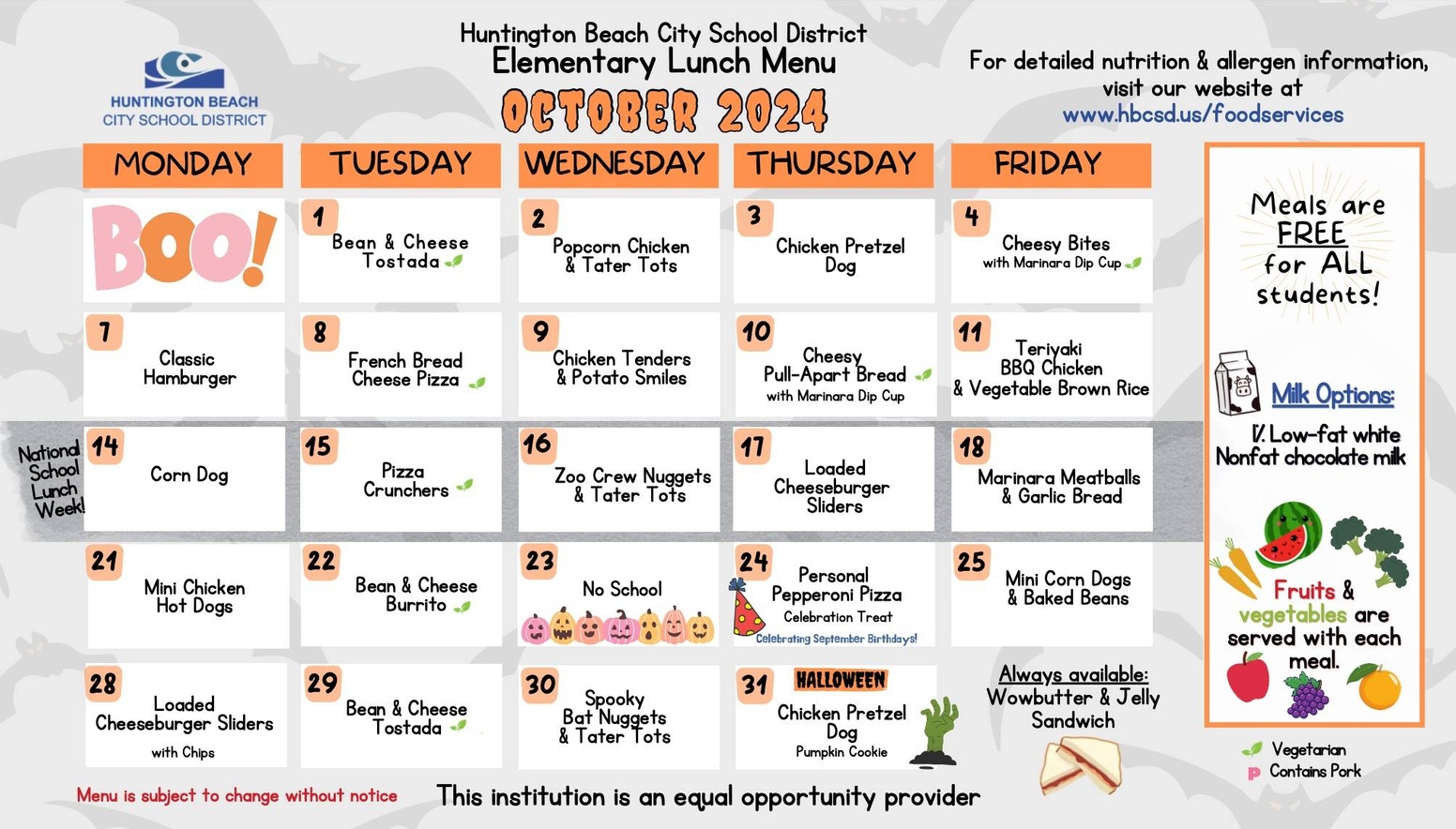 October 2024 HBCSD Elementary Lunch Menu.