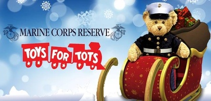 Toys for tots logo on wintery background with sled and marine bear