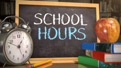 School Hours chalkboard, clock, apple, books