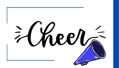 The word cheer written in black ink on white background with blue cheer horn