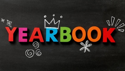 black background with the word "Yearbook" in different colors; include white doodle around the word