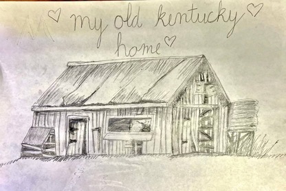 Pencil drawing of building iwht the words "My Old Kentucky Home."