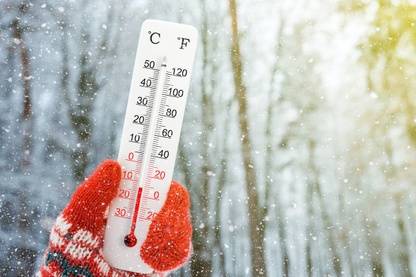 A hand in a red mitten holds a thermometer showing a cold temperature in a snowy forest.