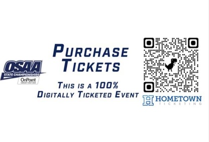 QR code links to online ticket purchase for the OSAA 5A volleyball playoffs at https://osaa.hometownticketing.com/embed/event/3048