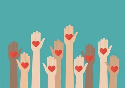 Illustration of volunteers' hands up with heart in each hand