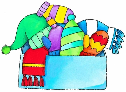 Box with winter coats, scarves, and gloves