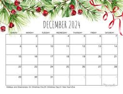 A December 2024 calendar with a festive design featuring pine branches, red berries, and ribbons.