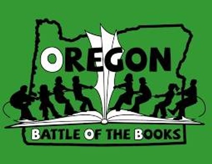 Image of tug-of-war silhouette on top of an open book in front of an outline of the shape of Oregon on a green background.