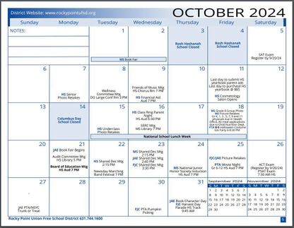 Rocky Point School District Calendar October