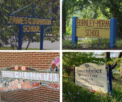 School signs at Johnson, Burnley-Moran, Jackson-Via, and Greenbrier