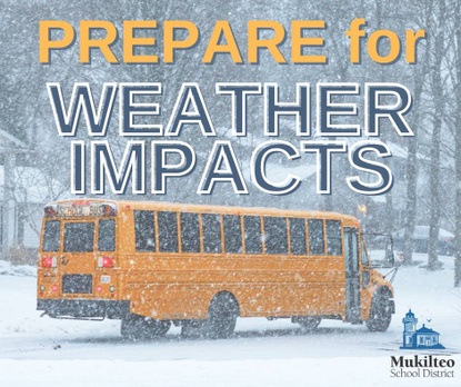 Snowy scene with school bus and the text, Prepare for weather impacts