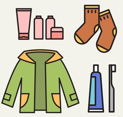 Illustration of coat, socks, toothpaste and other hygiene items.