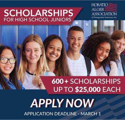 A group of high school students stand in front of lockers, smiling and looking at the camera. The text reads 'Scholarships for High School Juniors' and 'Apply Now'.