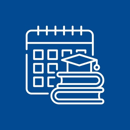 Icon of calendar with graduation cap & books on blue background