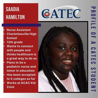 Image of Saadia's "Profile of a CATEC student" post with her portrait. For text, read newsletter.