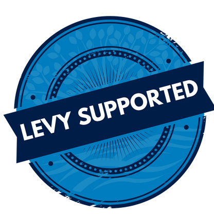 A blue circular stamp with the text 'Levy Supported' in white letters on a black ribbon.