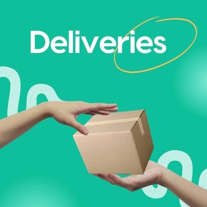 Hands passing off a package on turquoise background 