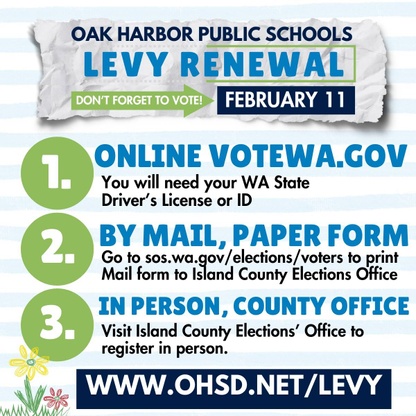 A public notice for the Oak Harbor Public Schools Levy Renewal, with instructions on how to vote online, by mail, or in person.