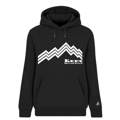 A black hooded sweatshirt with a white graphic of mountains and the text 'Kuna Ski and Board'.