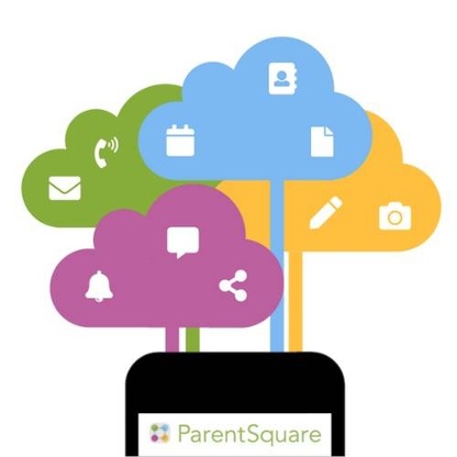 image of cell phone that says parentsquare with colorful communication bubbles above it