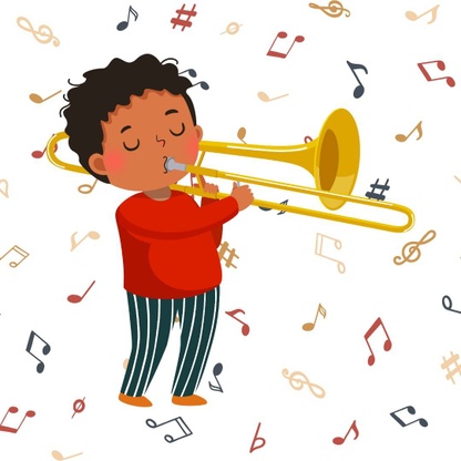 drawing of kid playing a trombone with musical notes in the background