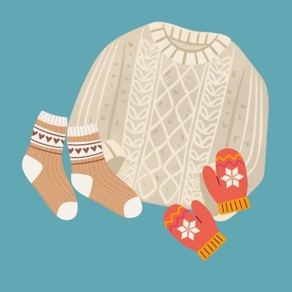 Clipart of a white sweater, brown socks, and red mittens