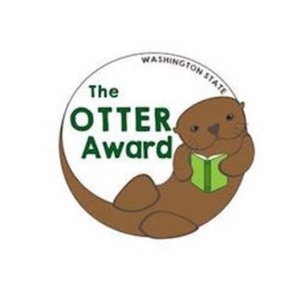 Little brown otter holding a green book with text saying The OTTER Award