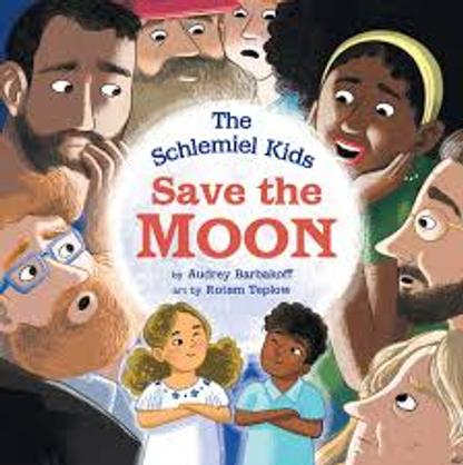 A book cover featuring a colorful illustration of two children, one with a rocket pack and the other with a moon rock, with the title "The Schlemiel Kids Save the Moon" and the author and illustrator credits.