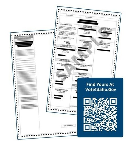 Icons depicting sample ballot and a QR code that leads to this website: https://voteidaho.gov/idaho-general-election/#earlyVoting