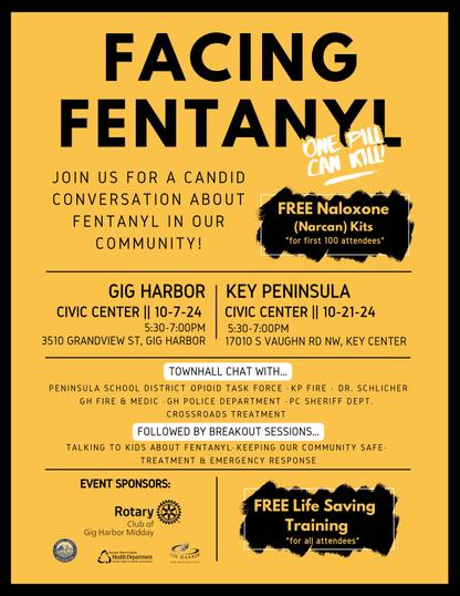 A bright yellow flyer titled "Facing Fentanyl" invites community members to a candid conversation about fentanyl. The flyer highlights two event dates: October 7, 2024, at the Gig Harbor Civic Center and October 21, 2024, at the Key Peninsula Civic Center. Both events run from 5:30 to 7:00 PM. The flyer mentions free Naloxone (Narcan) kits for the first 100 attendees and life-saving training for all attendees. The events feature a townhall chat with local fire departments, police, school district opioid task force members, and treatment centers, followed by breakout sessions on topics like talking to kids about fentanyl and community safety. Sponsors include the Rotary Club of Gig Harbor, Pierce County Health Department, and the City of Gig Harbor. The tagline "One Pill Can Kill" is prominently displayed next to the Narcan kit offer.