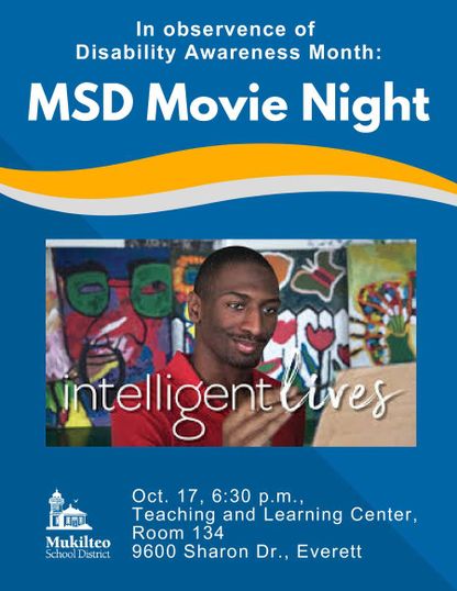 MSD District Movie Night - main painting with colorful art in the back ground on blue with yellow and white swish