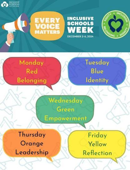 Inclusive Schools Week flier describing each day's colors/purpose.