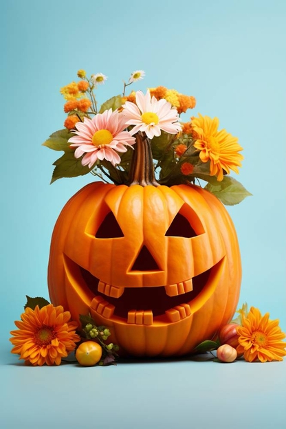 a carved pumpkin with flowers inside and around