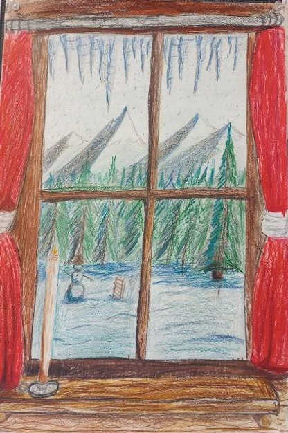 View of snow on fields, mountains, tree through a window framed by curtains and icicles.