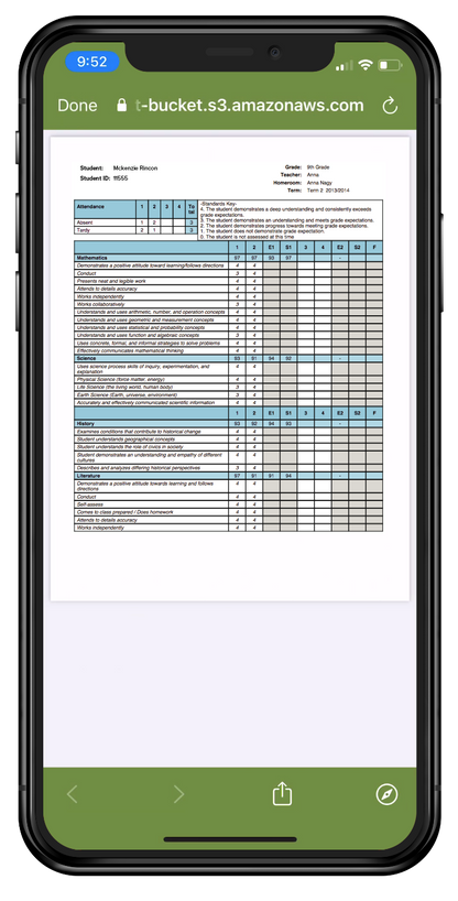 Screenshot of sample report card (from another school district)