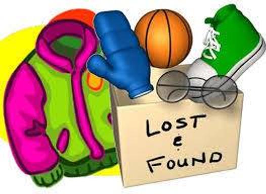 Drawing of lost & found items including a jacket, basketball, glasses, and mitten