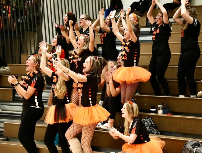 Students cheer during the balloon stomping contest 