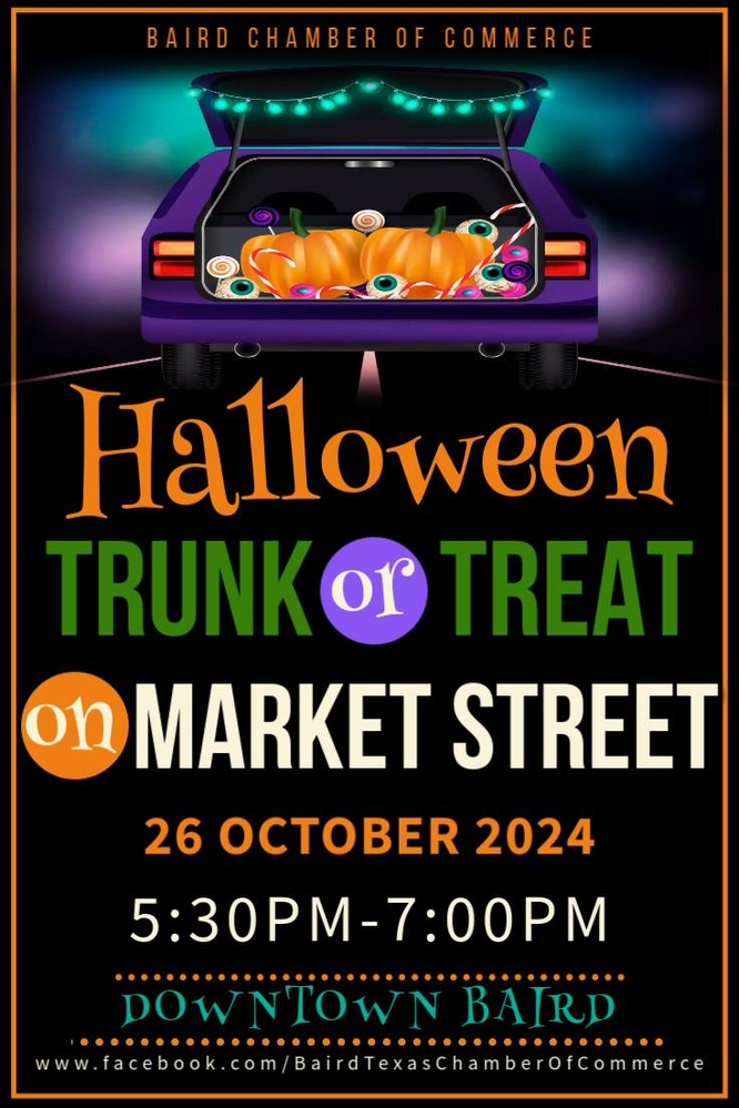 halloween trunk or treat on Market Street, October 26, 2024 from 5:30 - 7:00 pm Downtown Baird