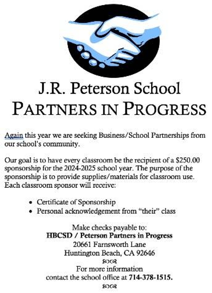 Peterson's annual Partners In Progress donation drive flyer.