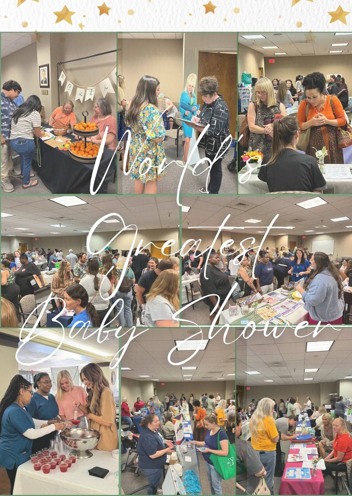 Collage of 6 photos from the baby shower with the words "World's Greatest Baby Shower" on top