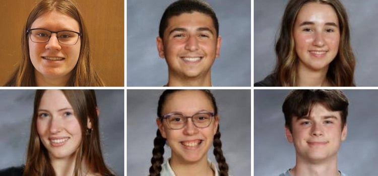 Collage of the 2024-25 Peninsula School District student representatives. The top row features Lauren Holmberg (CTP), Adam Massry (PHS), and Kate Cardinal (PHS). The bottom row features Kaitlyn Latendresse (GHHS), Amelia Lindberg (HBHS), and Logan Thoms (GHHS). These students represent their schools in communication with the district board, fostering leadership and civic engagement.